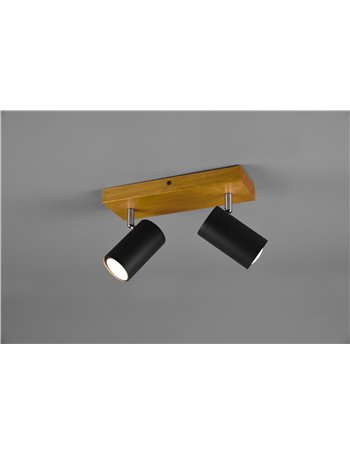 Marley barra 2 spots cil. Neri base legno naturale l. 31,5cm