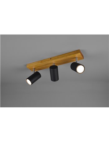 Marley barra 3 spots cil. Neri base legno naturale l. 49,5cm