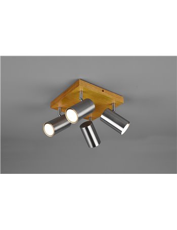 Marley plafoniera 4 spots cil. Acciaio base legno naturale l. 22cm