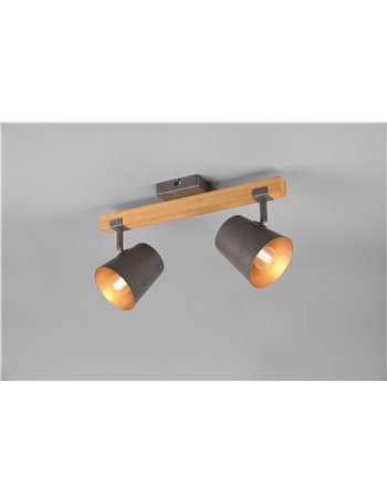 Bell barra 2 spots orientabili legno naturale diffusori metallo acciaio anticato interno oro l. 50cm