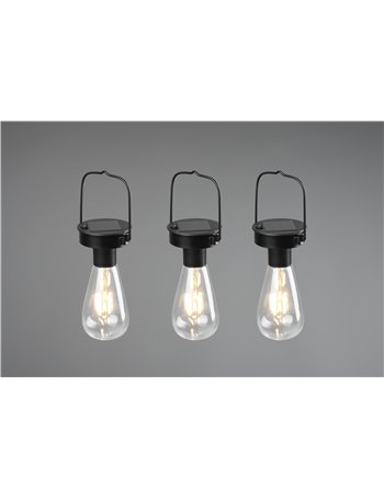 Campus kit 3 lampade led da appendere nere da esterno ip44 solare ricaricabile con sensore crepuscolare h. 16cm