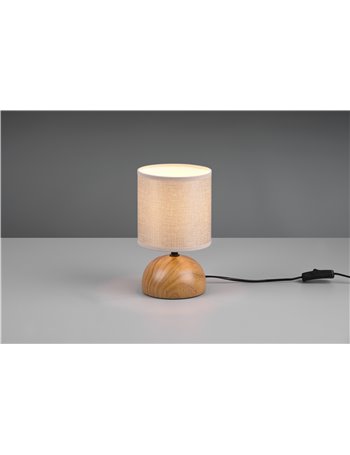 Luci lampada da tavolo base effetto legno mezza sfera paralume beige h. 23cm d. 14cm