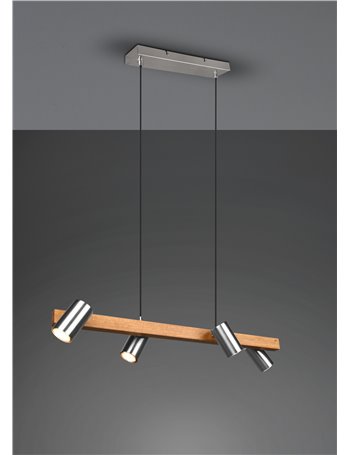 Marley sospensione rettangolare con barra legno 4 cilindri acciaio satinato l. 80cm 