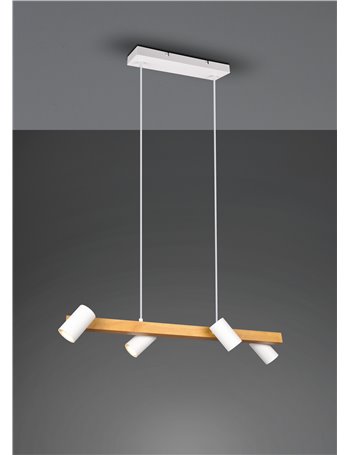 Marley sospensione rettangolare con barra legno 4 cilindri bianco opaco l. 80cm 