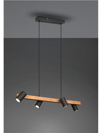 Marley sospensione rettangolare con barra legno 4 cilindri nero opaco l. 80cm 