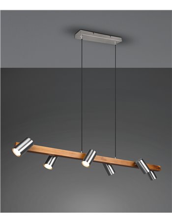 Marley sospensione rettangolare con barra legno 6 cilindri acciaio satinato l. 115cm 