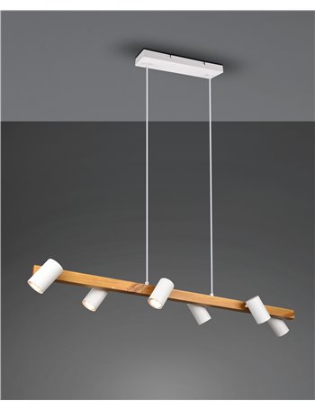 Marley sospensione rettangolare con barra legno 6 cilindri bianco opaco l. 115cm 