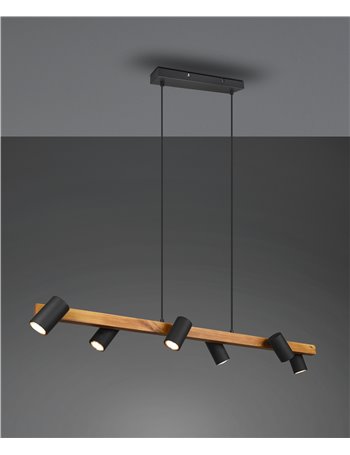 Marley sospensione rettangolare con barra legno 6 cilindri nero opaco l. 115cm 