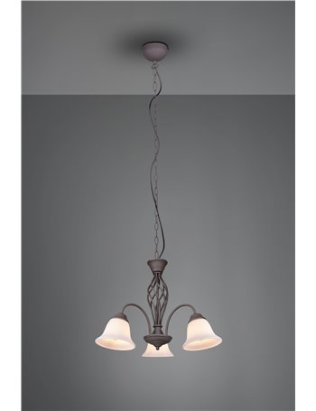 Rustica lampadario metallo ruggine con 3 diffusori vetro bianco d. 55cm