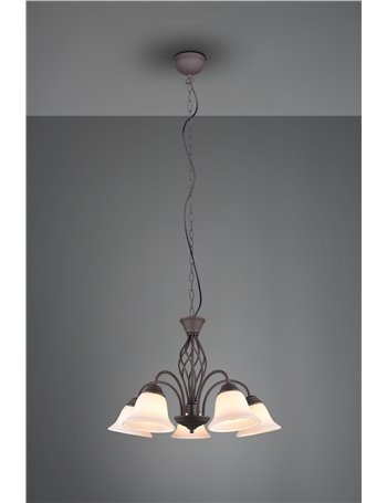 Rustica lampadario metallo ruggine con 5 diffusori vetro bianco d. 60cm