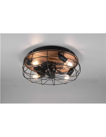 Trondheim plafoniera con ventilatore gabbia metallo nero opaco e base effetto legno con telecomando multifunzione regolazione 3 