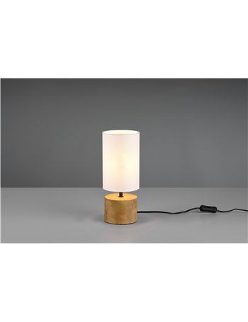 Woddy lampada da tavolo base cilindro legno e paralume bianco h. 30cm x d. 12cm