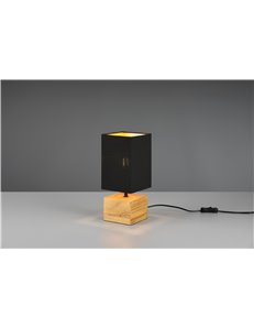 Woddy lampada da tavolo base quadrata legno e paralume nero h. 30cm