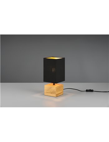 Woddy lampada da tavolo base quadrata legno e paralume nero h. 30cm