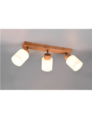 Assam barra 3 spots base legno con vetri bianchi l. 45cm