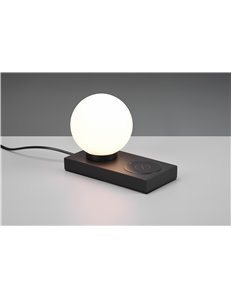 Chloe lampada da tavolo nera con sfera vetro bianco con base x ricarica induttiva cellulare con interruttore touch h. 15cm 2