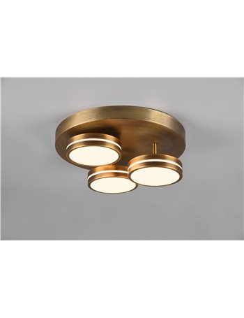 Franklin plafoniera led 3 diffusori circolari ottone invecchiato regolazione intensita' con interruttore a parete d. 35cm
