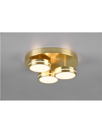 Franklin plafoniera led 3 diffusori circolari ottone satinato regolazione intensita' con interruttore a parete d. 35cm