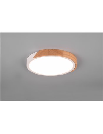 Jano plafoniera led rotonda bordo bianco e legno naturale con funzione di regolazione intensita' con normale interruttore a pare