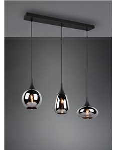 Lumina sospensione rettangolare metallo nero con 3 diffusori di vetro fume' cromato in forme differenti l. 60cm 2