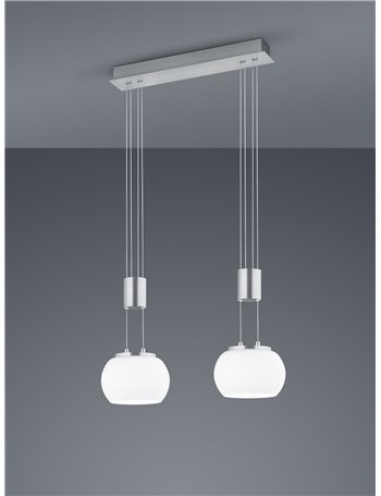 Madison sospensione led barra metallo acciaio e 2 vetri sfera bianchi con regolazione altezza con contrappeso e dimmerazione int