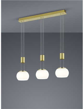 Madison sospensione led barra metallo ottone e 3 vetri sfera bianchi con regolazione altezza con contrappeso e dimmerazione inte