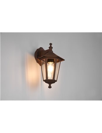 Pienza applique da esterno down 6 lati fusione di alluminio ruggine e vetro trasparente h. 31cm ip44