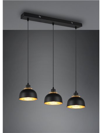Punch sospensione 3 diffusori in metallo nero e oro l. 74cm
