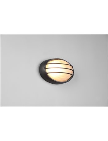Tirso plafoniera applique da esterno ovale fusione di alluminio nera con griglia  e vetro satinato l.21,3cm ip44