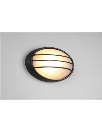 Tirso plafoniera applique da esterno ovale fusione di alluminio nera con griglia  e vetro satinato l.32cm ip44