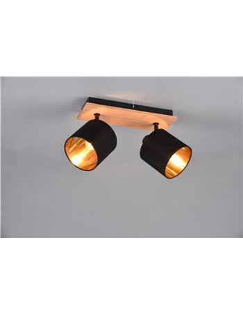 Tommy barra 2 spots base legno con paralumi nero e oro l. 30cm