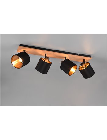 Tommy barra 4 spots base legno con paralumi nero e oro l. 72cm