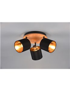 Tommy plafoniera 3 spots base legno con paralumi nero e oro d. 46,5cm