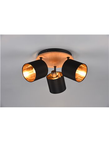 Tommy plafoniera 3 spots base legno con paralumi nero e oro d. 46,5cm