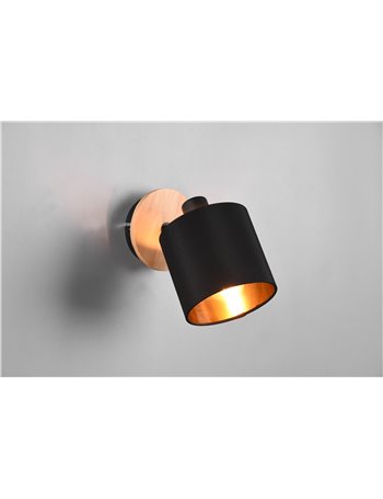 Tommy spot singolo base legno con paralume nero e oro h. 18,5cm