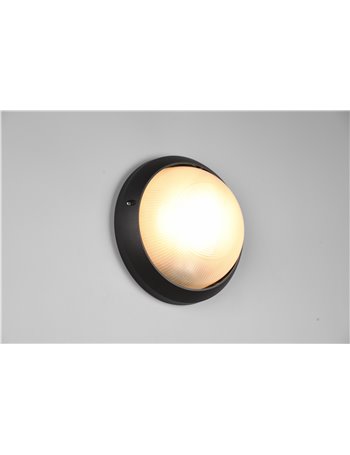 Torolo plafoniera applique da esterno tonda fusione di alluminio nera e vetro satinato d. 25,8cm ip44