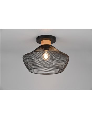 Valeria plafoniera metallo gabbia nera con particolare in legno naturale d. 35cm