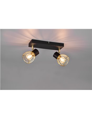 Ardon barra 2 faretti metallo nero con gabbia oro l.30cm
