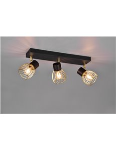 Ardon barra 3 faretti metallo nero con gabbia oro l.43cm
