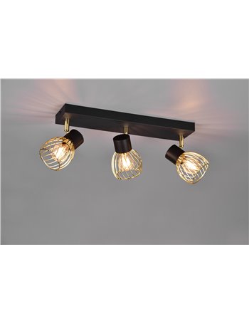 Ardon barra 3 faretti metallo nero con gabbia oro l.43cm