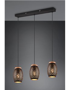 Bidar sospensione 3 diffusori metallo nero e oro taglio laser con inserto in legno l. 71cm 2