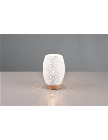 Bidar lampada da tavolo metallo bianco taglio laser con inserto in legno h. 21,5cm