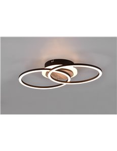 Giro plafoniera led doppio cerchio metallo nero con base illuminata effetto legno con telecomando multifunzione l. 47cm 2