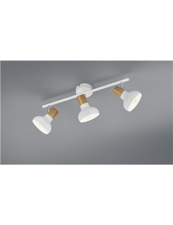 Latika barra 3 spots metallo bianco ed effetto legno l. 47cm