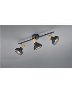 Latika barra 3 spots metallo nero ed effetto legno l. 47cm