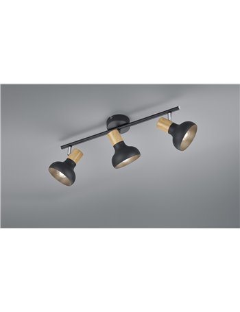 Latika barra 3 spots metallo nero ed effetto legno l. 47cm