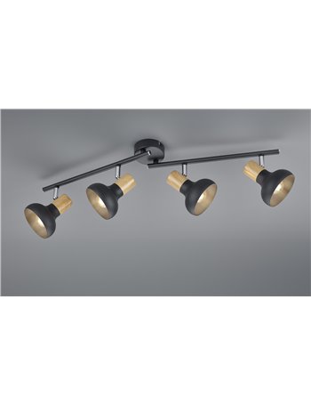 Latika barra 4 spots metallo nero ed effetto legno l. 71cm