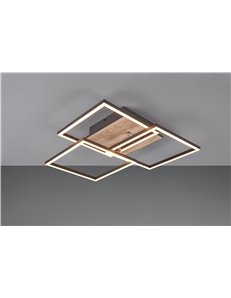 Mobile plafoniera led con 3 quadrati metallo nero orientabili con base effetto legno con telecomando multifunzione 42cm x 39cm
