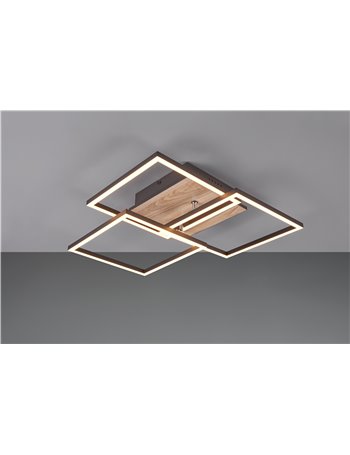 Mobile plafoniera led con 3 quadrati metallo nero orientabili con base effetto legno con telecomando multifunzione 42cm x 39cm