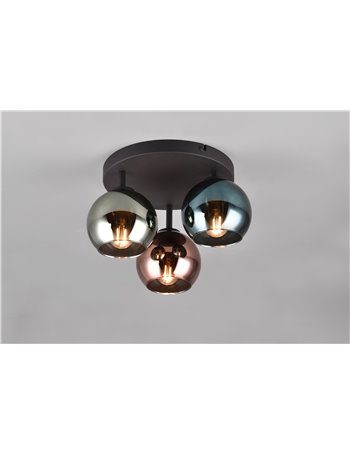 Sheldon plafoniera metallo nero con 3 vetri multicolor effetto fume' specchio d. 33cm